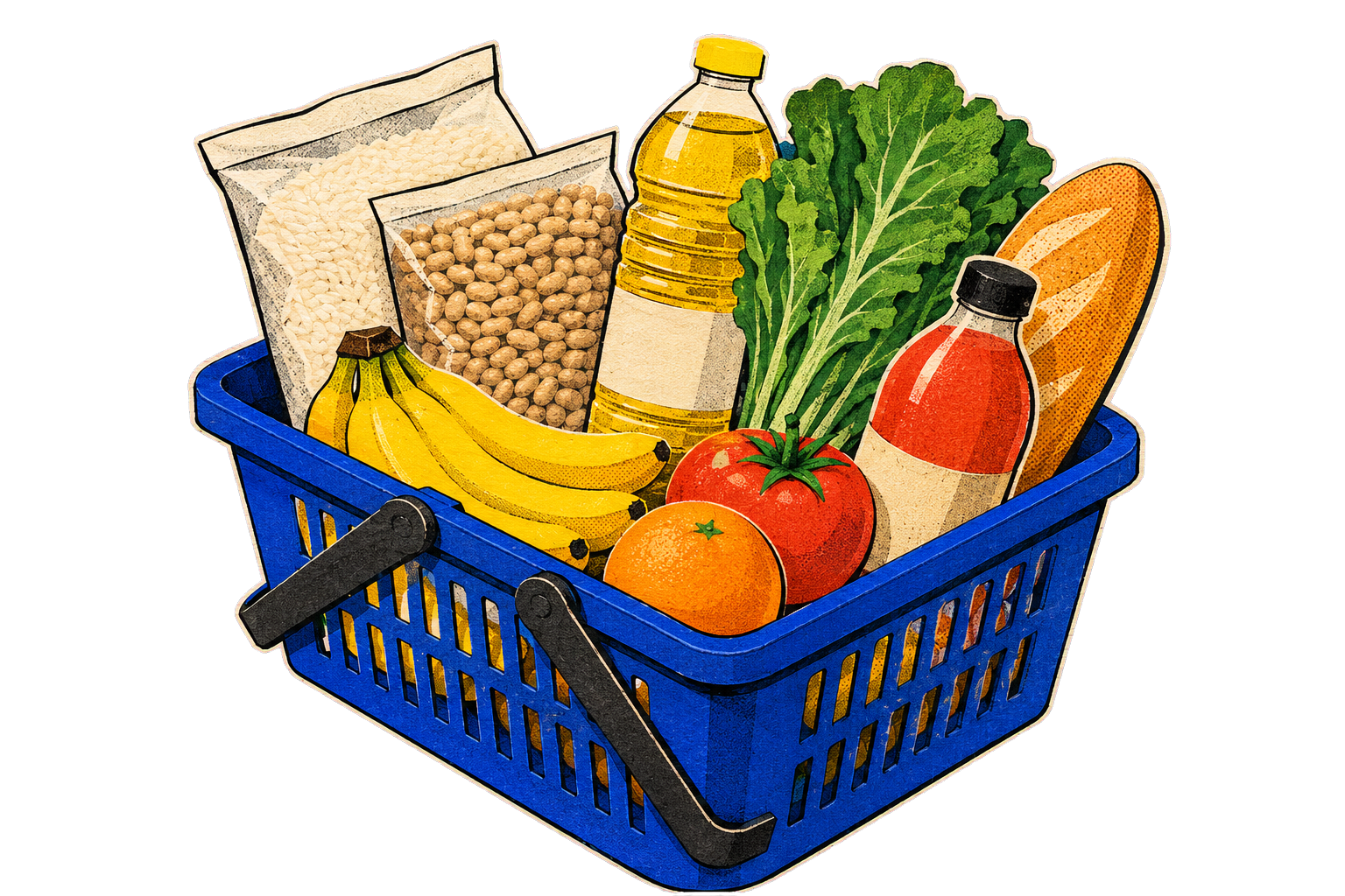 Cesta ilustrada com alimentos e produtos de mercado